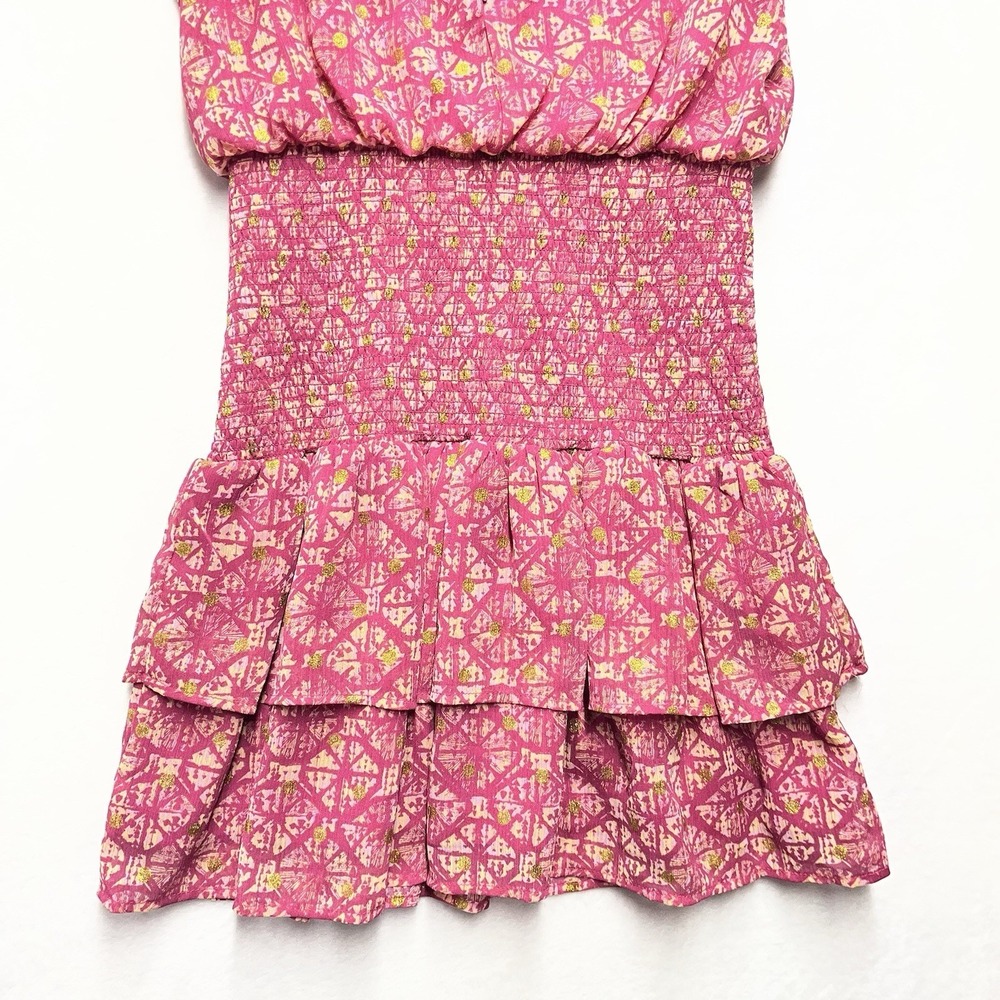 AQUA Smocked Ruffle Mini Dress Womens Small Pink Gold Smock Neck - Picture 9 of 10